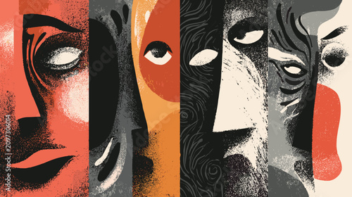 Bild auf Leinwand Diverse Abstract Faces Representing a Range of Emotions and Expressions in a Col
