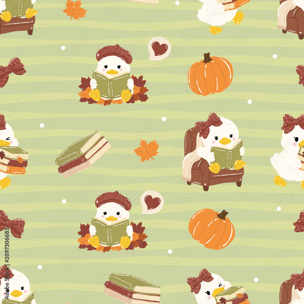 Fototapeta premium Cute duck seamless pattern with ducks reading books and pumpkins in autumn, Bookish and duck on green line background, fall season paper texture design