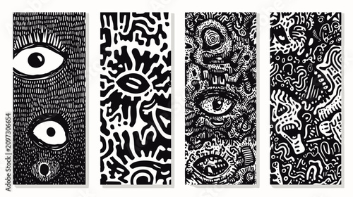 Foto Intricate Abstract Pattern Featuring Stylized Eyes and Dynamic Geometric Shapes
