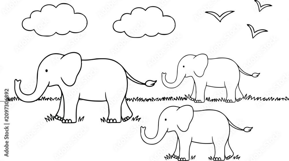 Fototapeta premium Cute elephant family coloring page outline illustration featuring wild animals walking in meadow with clouds and flying birds on white background.