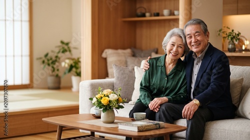金婚式を迎えた笑顔のシニア夫婦（和モダンなリビング）