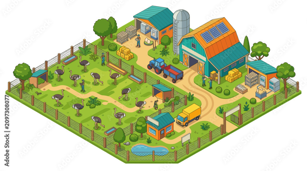 Naklejka premium Ostrich Farm and Rural Ranch in Clean Isometric Illustration Style