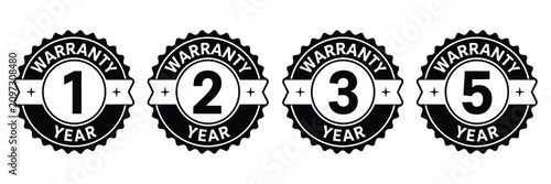 Warranty logo vector. 1, 2, 3, 5 year guarantee badge in black and white for product assurance, quality certification, trust and coverage