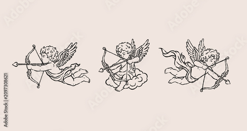 Foto Hand drawn vintage cupid angels with bow and arrow