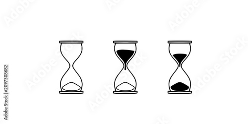 Three hourglass icons in a row, each showing different amounts of sand, one with sand at the top, one with sand halfway, and one with sand at the bottom, all in a minimalist black and white vector ...