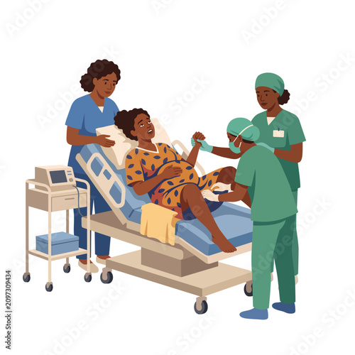 African American pregnant woman in active labor on hospital bed assisted by professional medical team of diverse doctors and nurses flat vector illustration