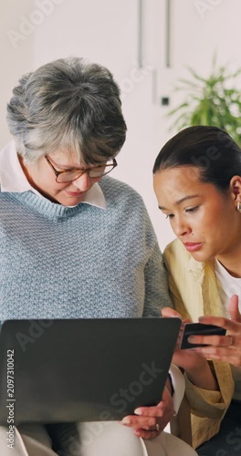 Elderly, woman and laptop with credit card help for online shopping assistance or guidance in home. Senior, female person or shipper with assistant or debit on computer for ecommerce app in house