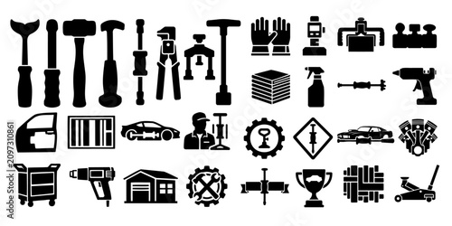 Paintless Dent Repair Vector Silhouette Bundle - Auto Body Shop Mechanic Icon Pack - Car Detailing Garage Tools Template Collection
