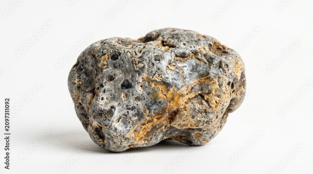 Obraz premium Macro close up studio shot of rare chunk of aged gray ambergris with rich waxy textures and irregular mottled silver grey shades isolated on pristine pure white solid background layout object