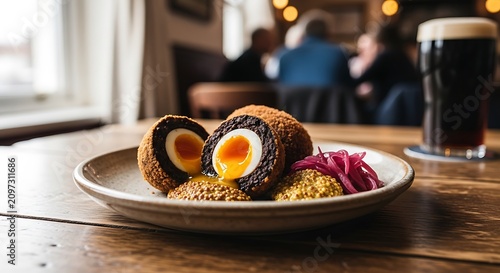 Scotch egg on plate. British black pudding dish. Traditional UK food