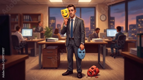 Businessman holding two masks in an office setting, representing duality and deception.