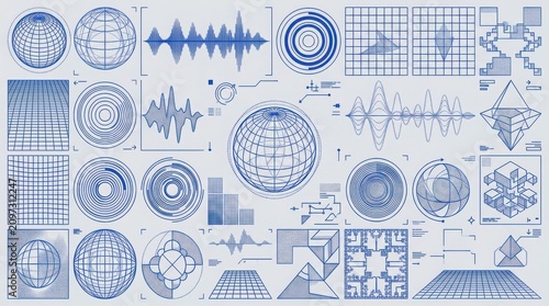 A detailed collection of blue graphical elements including globes, sound waves, and grid patterns set against a light solid background.