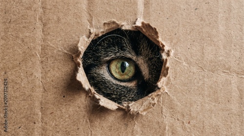 Curious Cat Peeking Through Hole in Cardboard Box.
