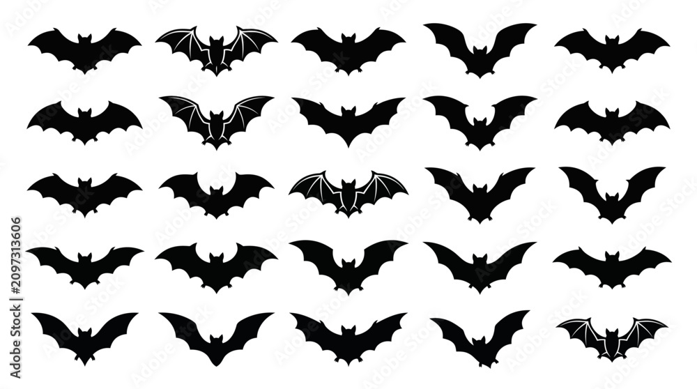 Obraz premium A Halloween pattern of many flying bats in black silhouette on white