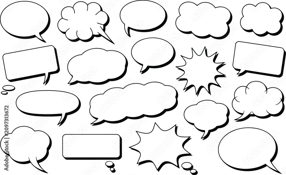 Fototapeta premium Assorted speech bubbles and thought balloons in a clean white design with black outlines for communication concepts