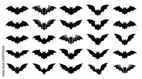 Photos A Halloween pattern of many flying bats in black silhouette on white