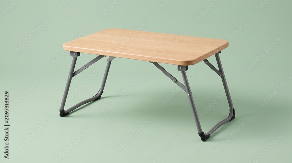 Fototapeta premium A portable folding laptop desk with a light natural wood top and grey metal legs, isolated against a soft sage green background. Ideal for working in bed or on a couch.