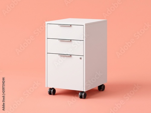 Modern white mobile filing cabinet with three drawers and caster wheels, isolated against a solid pastel peach background.
