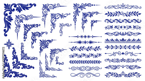 Collection of blue vintage floral corner ornaments and horizontal decorative border dividers isolated on white background, symbolizing elegant tile patterns and illustrating classic decorations