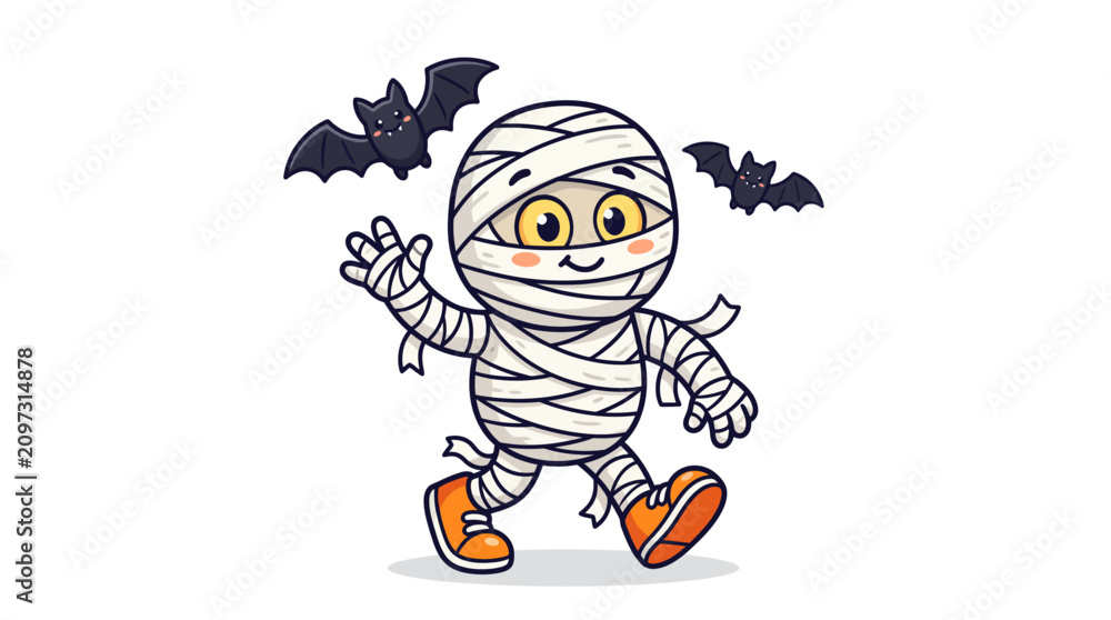 Obraz premium Cute Cartoon Halloween Mummy Character Walking and Waving with Bats