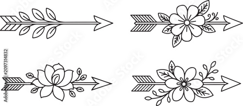 Set of four rustic arrow motifs decorated with different floral patterns for bohemian style stationery scrapbooking or crafting.