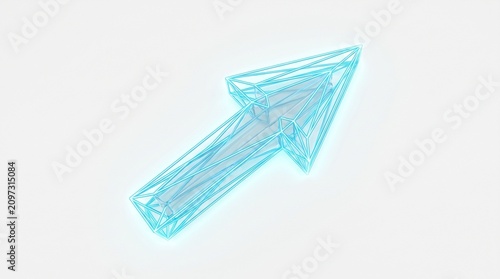 Obraz na płótnie A glowing light blue wireframe arrow pointing diagonally upwards on a clean white background, representing direction or progress