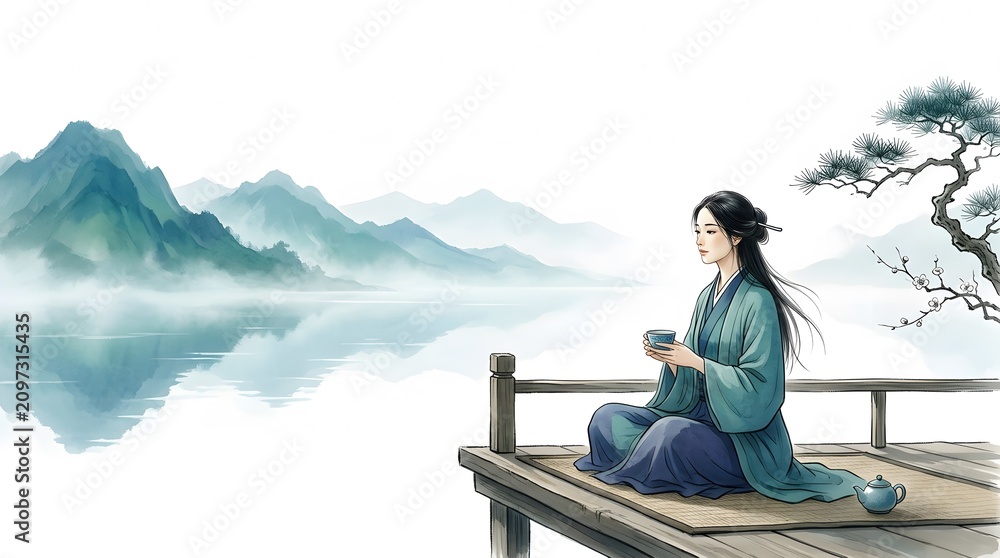Fototapeta premium Artistic illustration of scenic nature with mountains and a lake