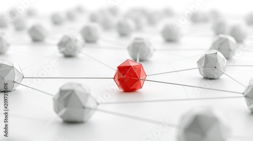 Low Poly Geometric 3d Network Visualization Shows Interconnected Nodes With One Red Node Failing in Clean Style on a White Background