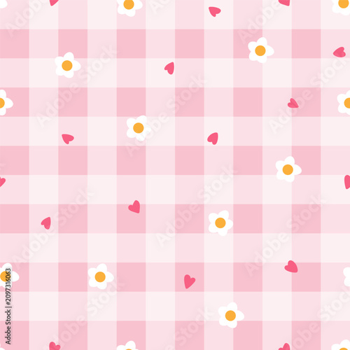 Kawaii simple flowers, and hearts gingham seamless pattern. Stock Vector isolated illustration.