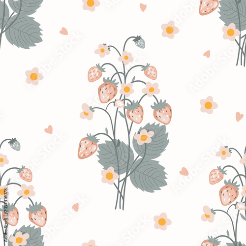 Wild Strawberry Plant with Fruits, Flowers, and hearts pastel seamless pattern. Stock Vector isolated illustration