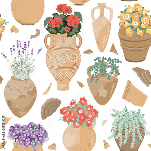 Flowers in the earthenware pottery seamless pattern. Potted garden background isolated on a white background. Vector illustration