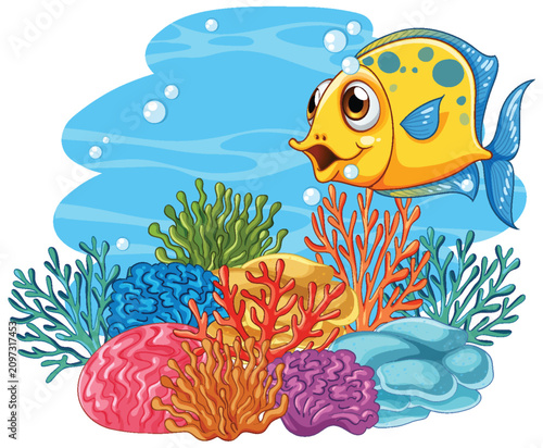 Cartoon Yellow Tropical Fish Swimming Over Colorful Coral Reef