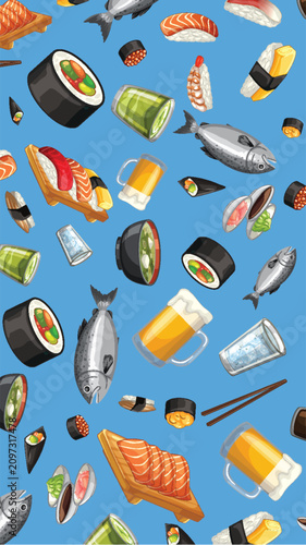Japanese Food Vector Pattern with Sushi Sashimi and Beer Mugs