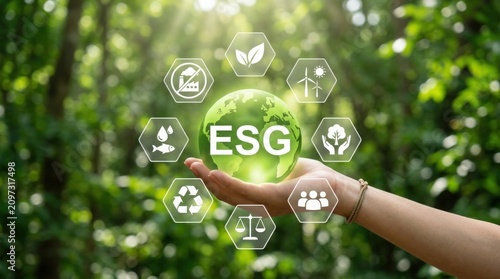 Esg environmental sustainability concept with hand in nature