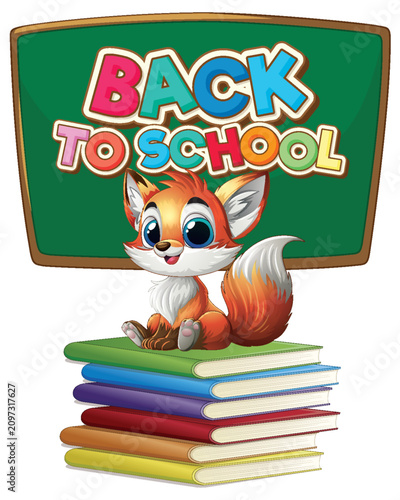 Cartoon Fox Sitting on Stack of Books with Chalkboard Background