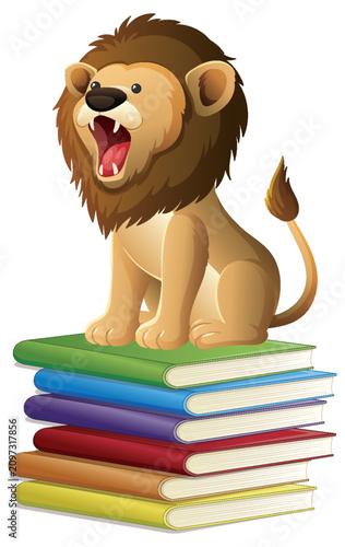 Cartoon Lion Roaring While Sitting on a Stack of Colorful Books