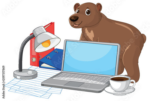 Cartoon Brown Bear Standing Behind a Laptop and Office Supplies