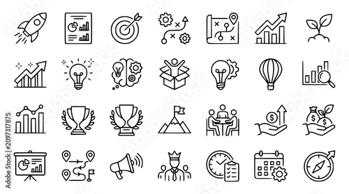 Business startup and company growth line icon set vector illustration featuring strategic planning innovation metrics and leadership symbols