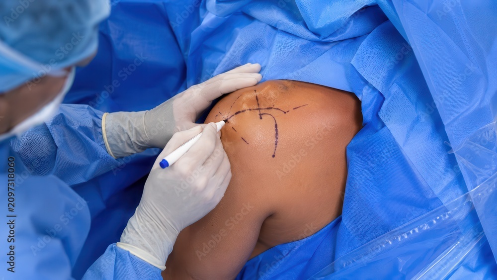 Fototapeta premium Surgeon marking shoulder joint before orthopedic surgery