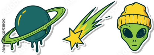 Outer Space Sticker Vector Set with Melting Saturn Planet, Falling Comet Star, and Green Alien Head Wearing Yellow Beanie Hat, Trendy Trippy Psychedelic Icons
