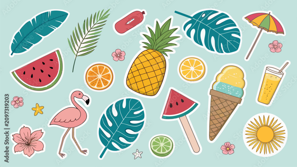 Obraz premium Colorful tropical sticker set with all set against light pastel background playful