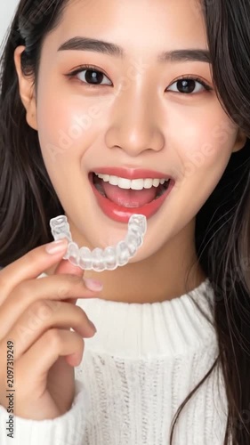Smiling young woman holding a clear dental aligner