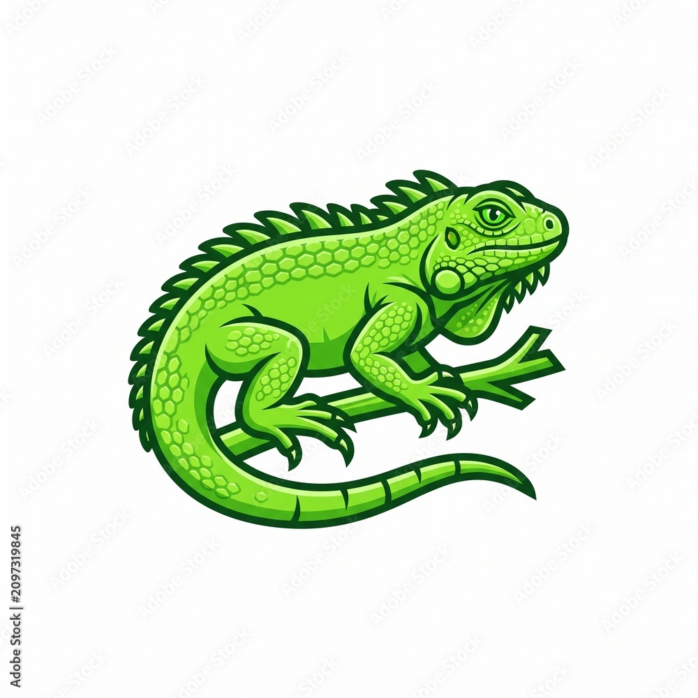 Fototapeta premium Green iguana illustration. Vector lizard on a branch.