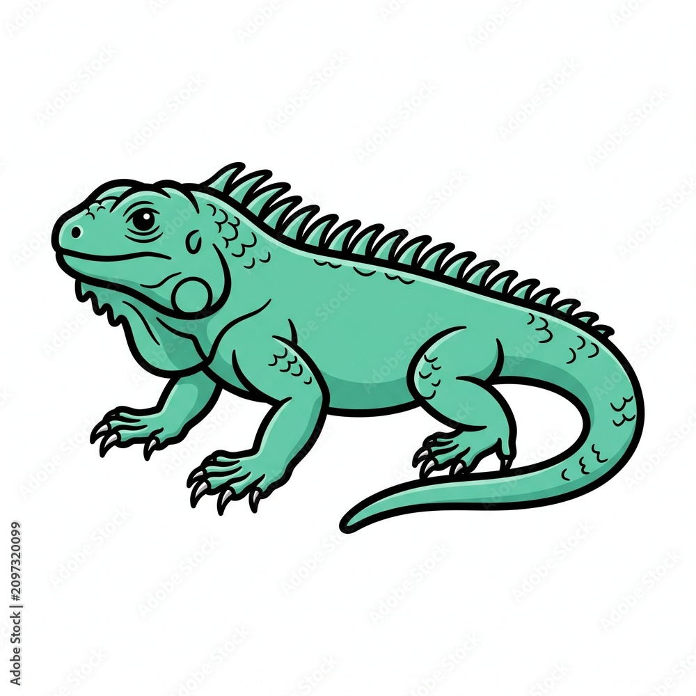 Fototapeta premium Green iguana lizard walking on white background. Detailed reptile illustration isolated for design projects and educational use.