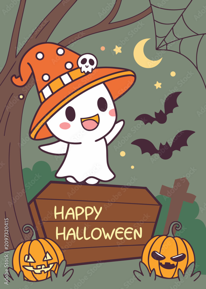 Fototapeta premium Cute ghost wearing witch hat. Happy Halloween vector illustration design.