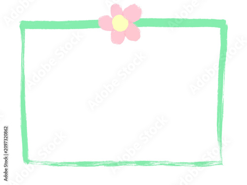 Hand drawn doodle frame with cute pink flower, rectangular green brush stroke border