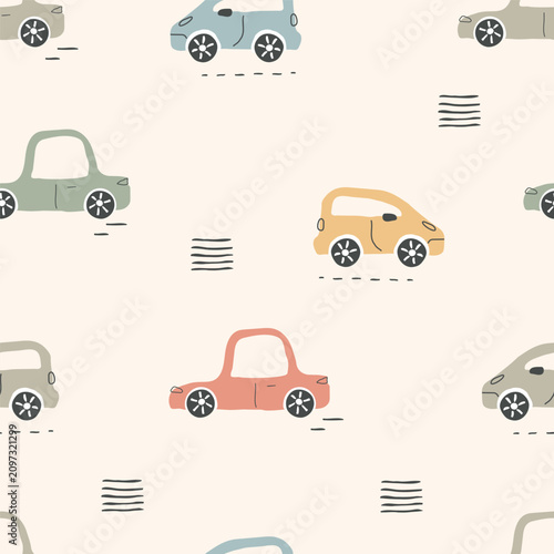 Modern Scandinavian seamless pattern featuring cute hand-drawn cars in soft pastel colors with minimalist doodle elements. trendy Nordic style with neutral color. for nursery decor, children textiles
