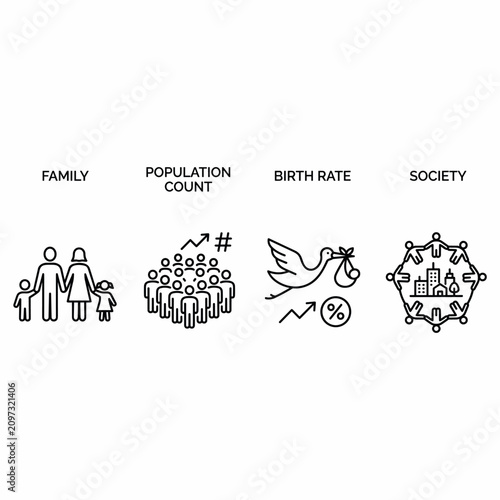 Fotografie Line icons representing family, population count, birth rate, and society concepts