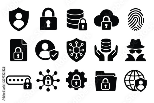 Set of security and privacy icons, vector illustration of cyber protection, data safety, and user authentication symbols