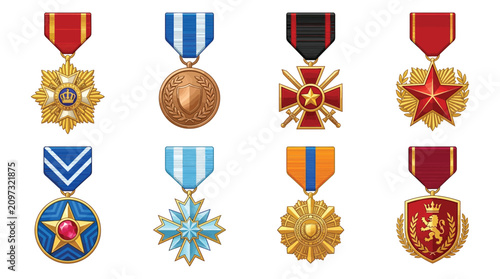 Set of detailed military award medals featuring various ribbons and emblems in a flat vector illustration